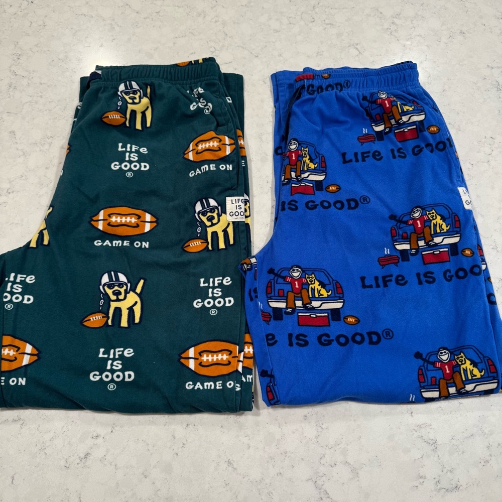 TWO Life Is Good Men's Medium Pajama Pants Dog Football Tailgate Mascot Pockets